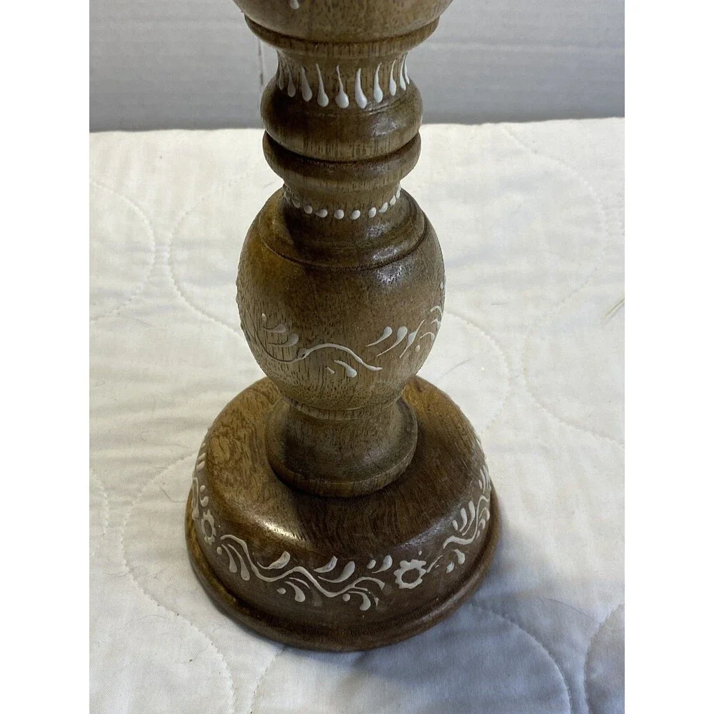 Wooden Hand painted Chunky Candle Holder, Column, 12” Tall